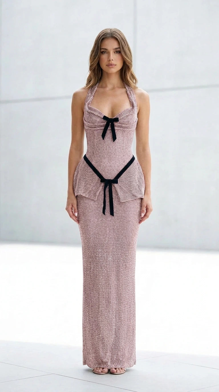 Front view of pink glitter halter maxi dress