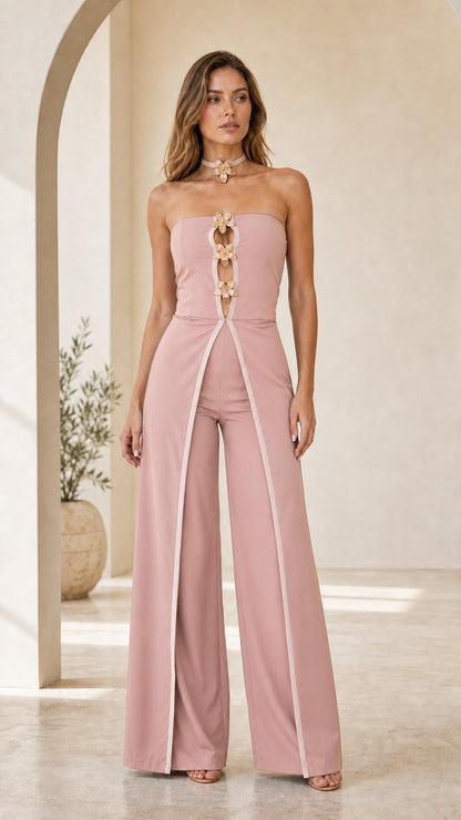 Elegance Statement Strapless Wide-Leg Jumpsuit in Dusty Rose