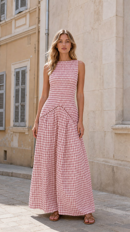 Model wearing pink gingham maxi dress