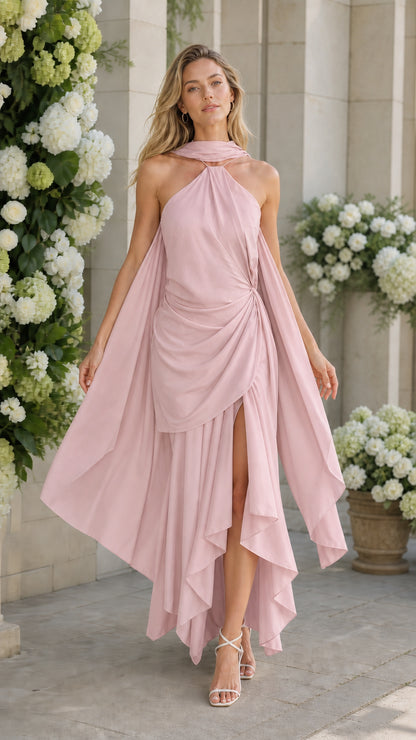 Front view of model wearing blush pink draped maxi dress