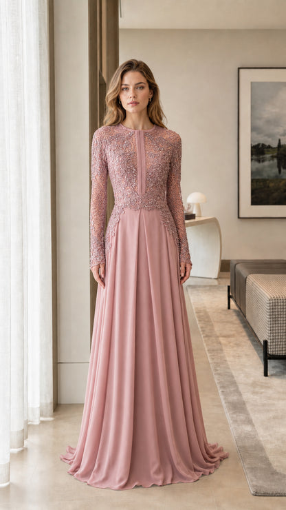 Front view of model wearing the pink color variant evening gown