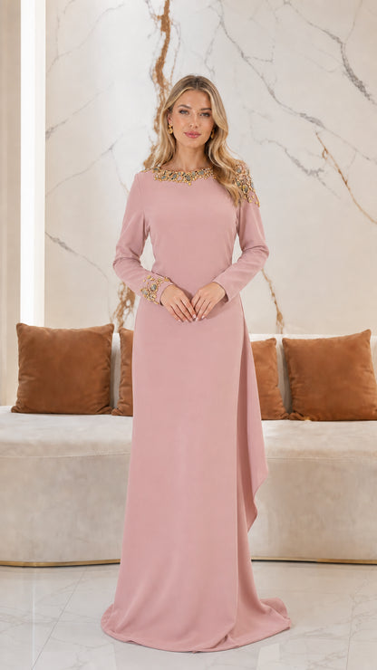 Dusty pink long sleeve embellished evening maxi dress