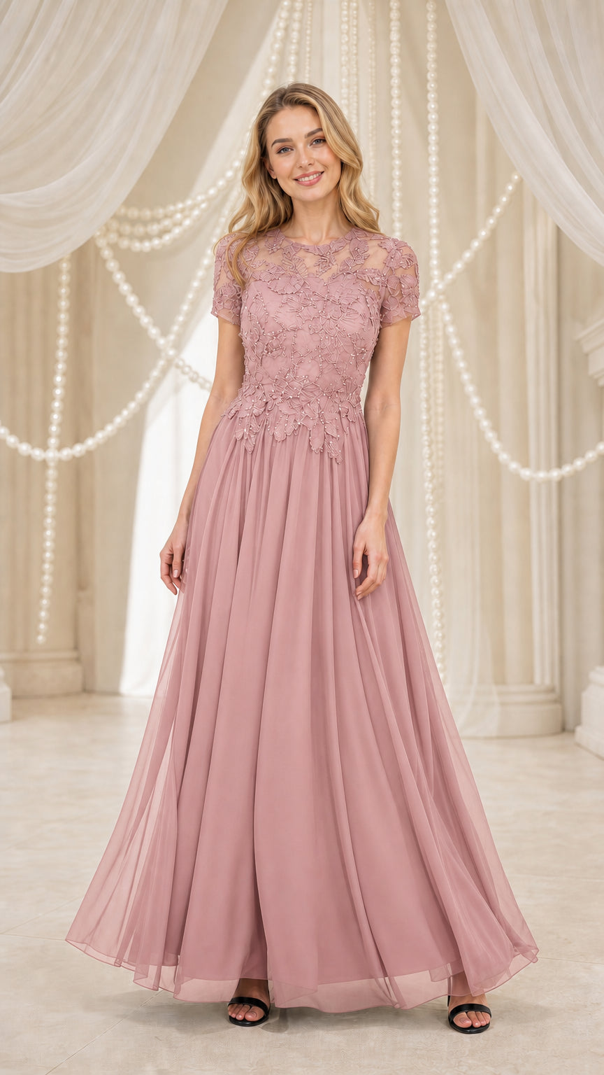 Model wearing dusty rose lace applique chiffon evening dress
