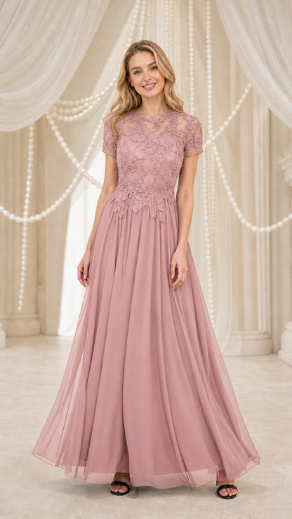 Model wearing dusty rose lace applique chiffon evening dress