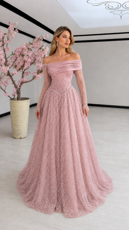 Dusty Pink off-the-shoulder glitter tulle formal evening dress