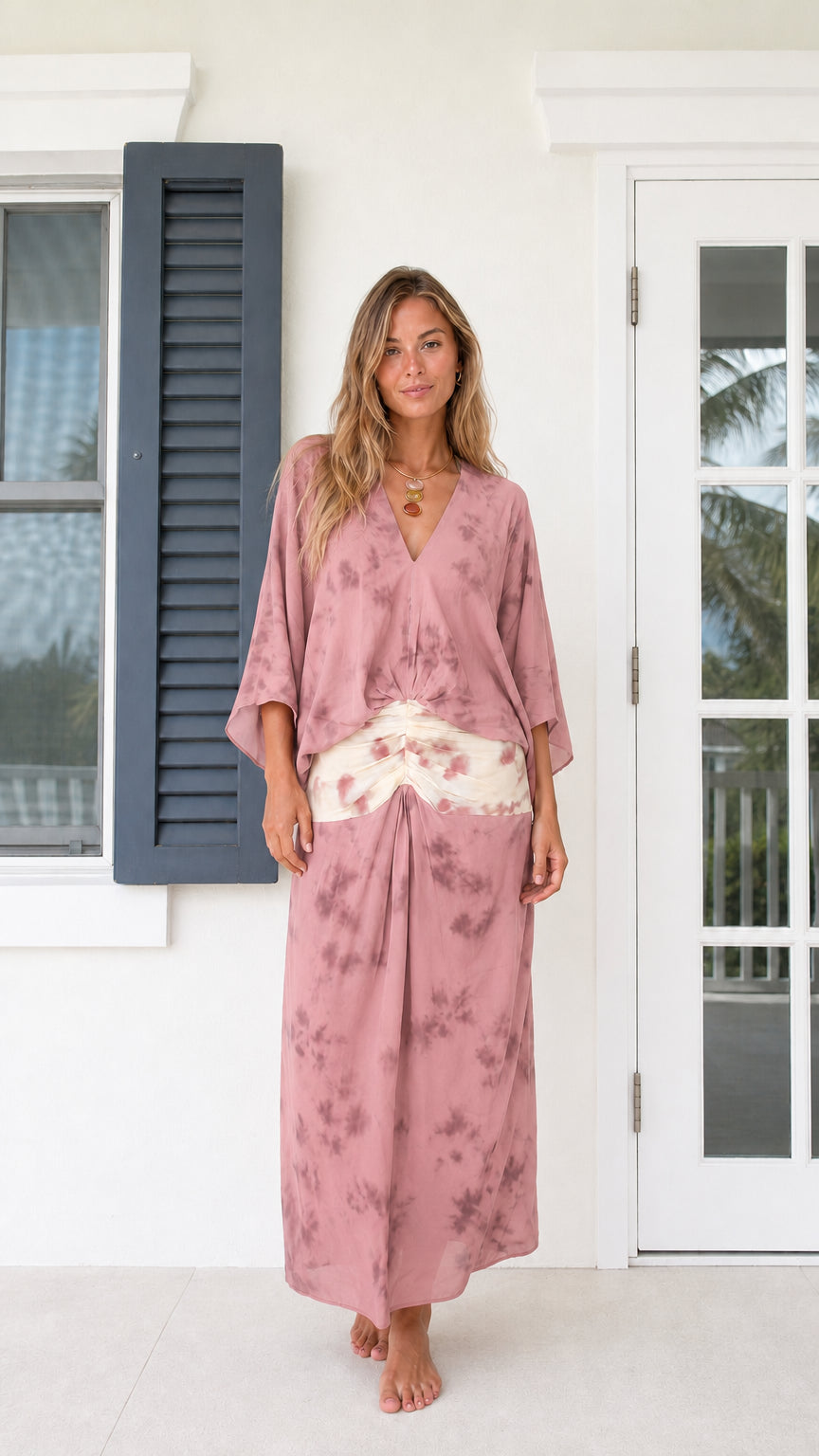 Front full-length view of model wearing Dusty Pink bohemian kimono maxi dress