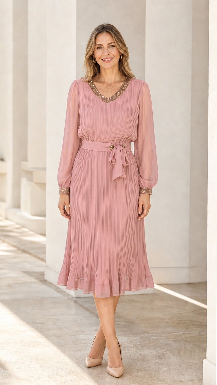 Front view of dusty rose long sleeve pleated midi dress
