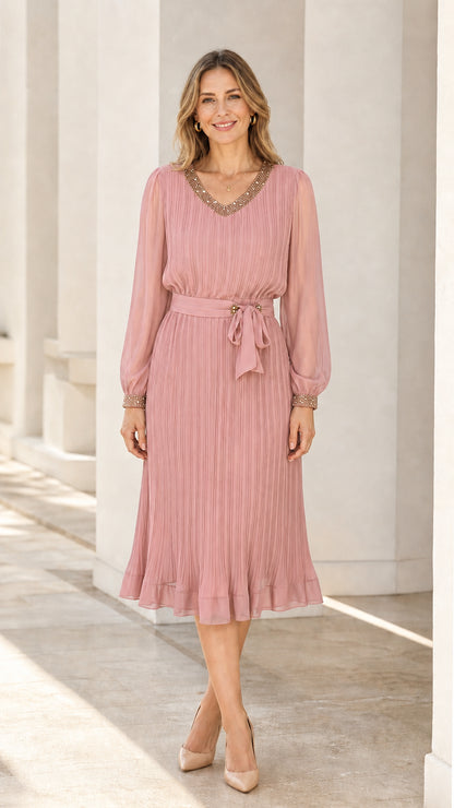 Front view of dusty rose long sleeve pleated midi dress