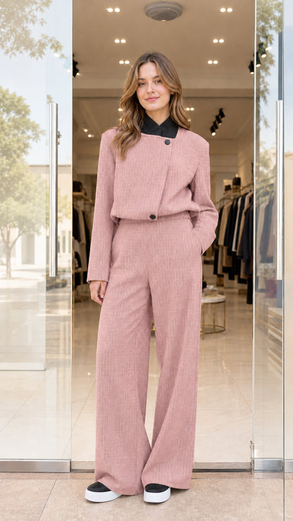 Front view of model wearing dusty pink cropped blazer and wide-leg trousers set