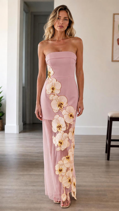 Front view of pink strapless 3d floral maxi dress