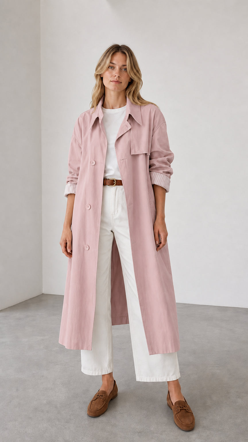 Front full view of woman wearing pink trench coat