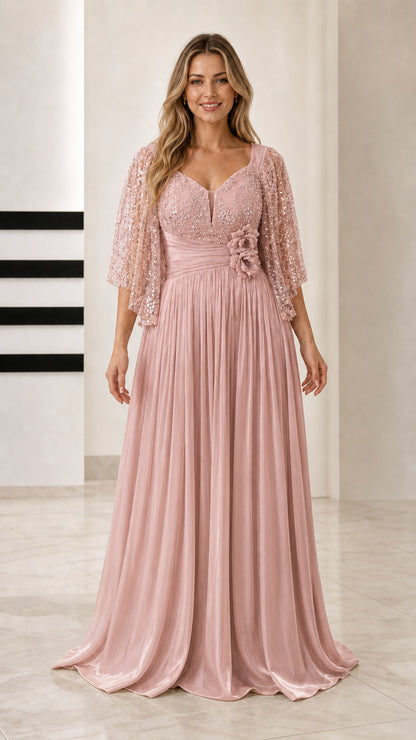 Front view of blush pink sequined flutter sleeve pleated formal maxi dress