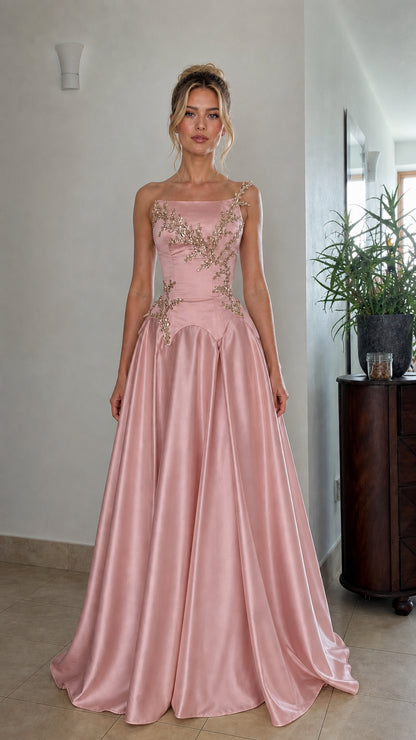 Front view of pink satin formal evening gown