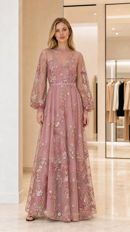 Front view of woman wearing dusty rose embroidered maxi dress