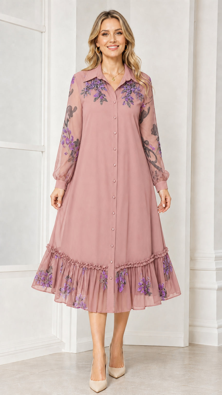 Front view of woman wearing pink floral embroidered midi dress