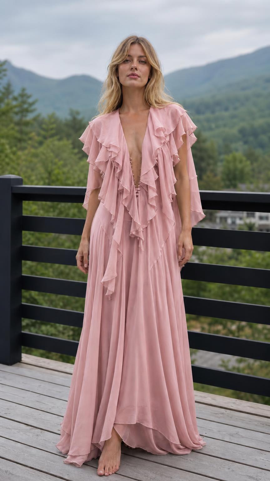 Ethereal Ruffled V-Neck Maxi Dress in Dusty Pink front view