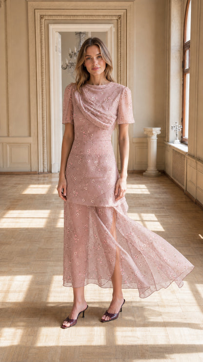 Floral Draped Cowl Neck Maxi Dress in Dusty Pink full front view