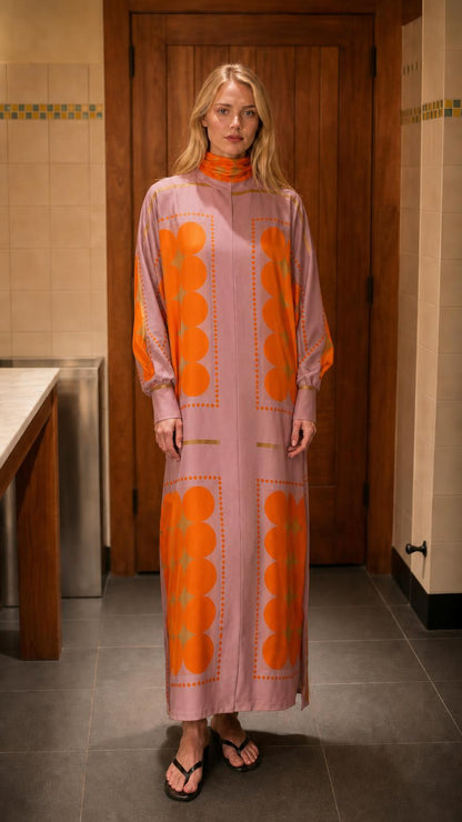 Front view of model wearing mauve geometric print maxi dress