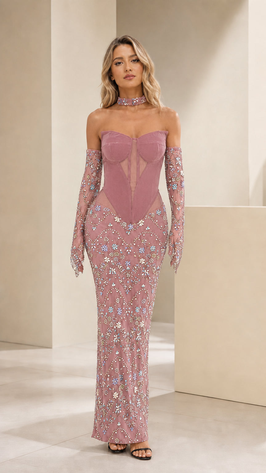 Dusty rose strapless sequin evening gown with matching gloves