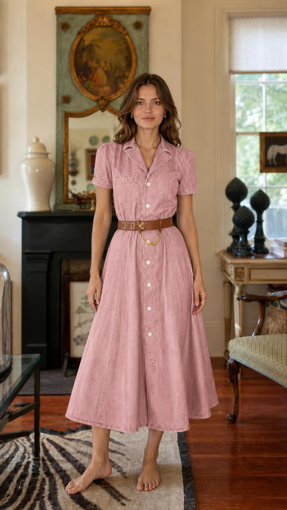 Woman wearing pink denim midi shirt dress