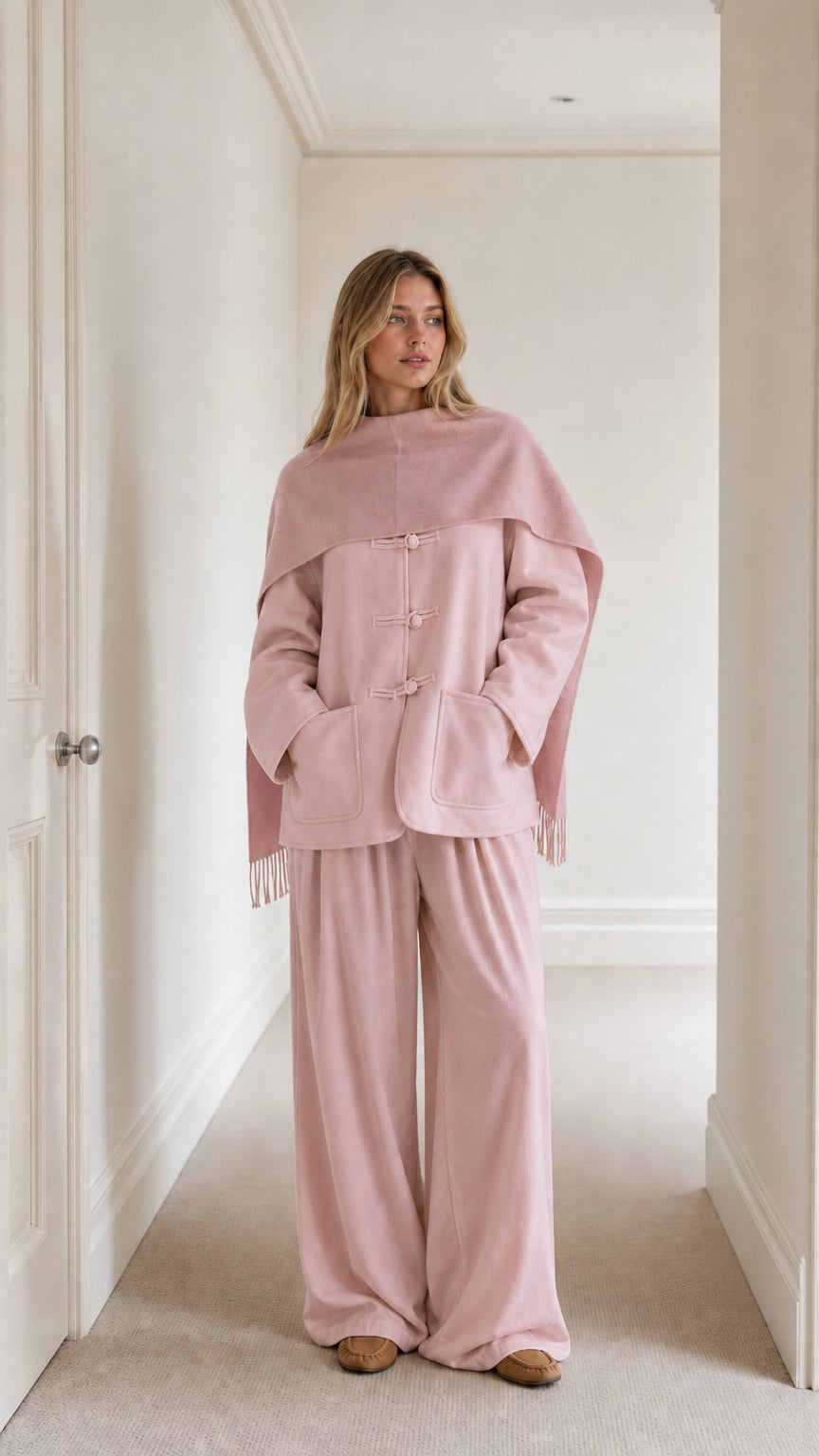 Model wearing dusty pink monochrome toggle button jacket, matching cape, and wide-leg trousers