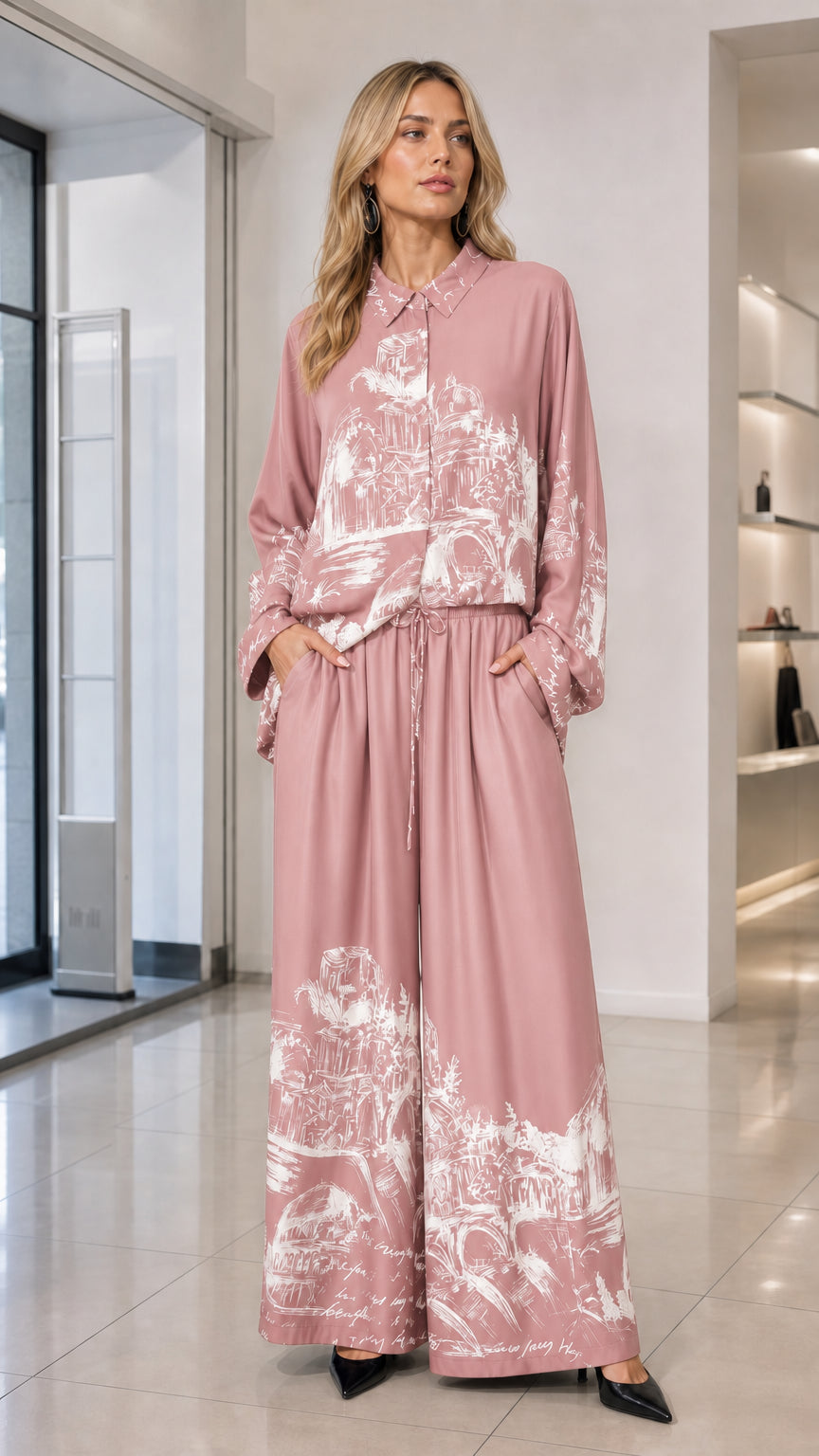 Dusty pink architectural sketch print matching shirt and wide-leg pants set
