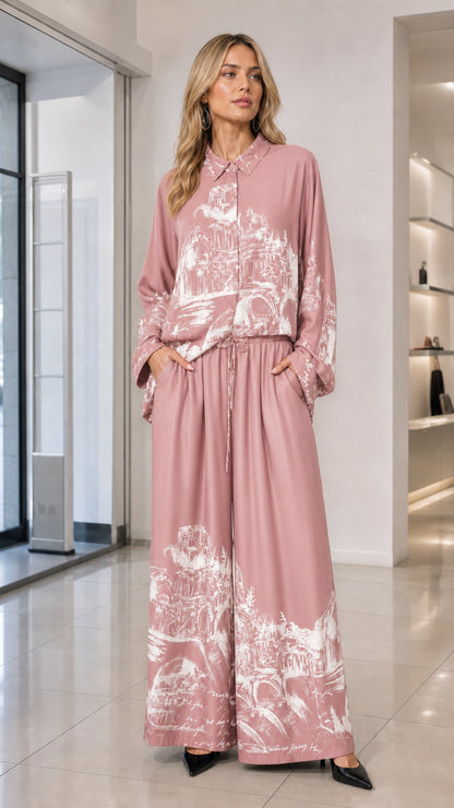 Dusty pink architectural sketch print matching shirt and wide-leg pants set