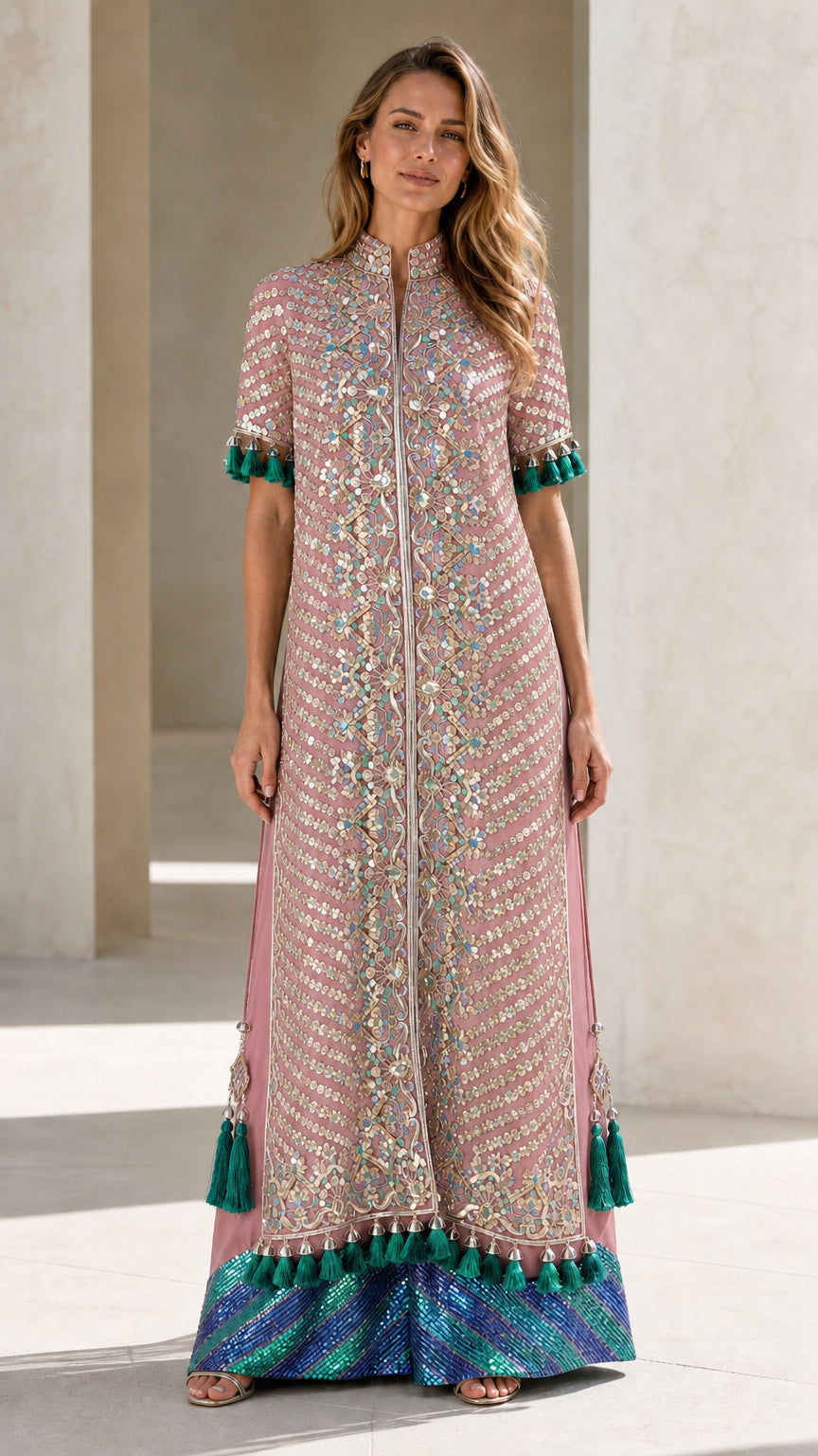 Blush Pink sequined chevron maxi dress front view
