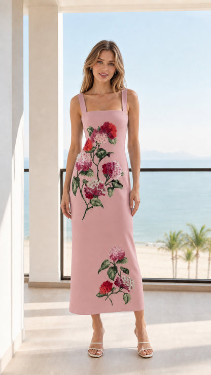Front view of model wearing Pink floral midi dress