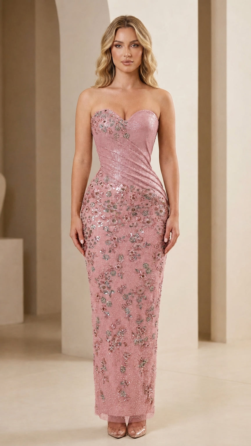 Front view of model wearing Blush Pink strapless floral sequin evening dress