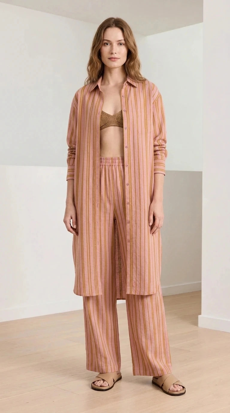 Woman wearing pink striped coordinate set