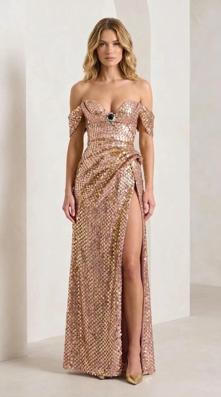 Front view of model wearing champagne sequin evening gown