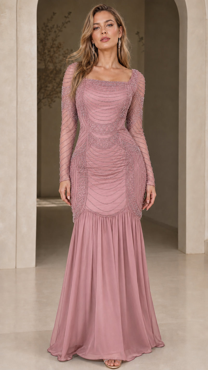Full front view in dusty pink color variant