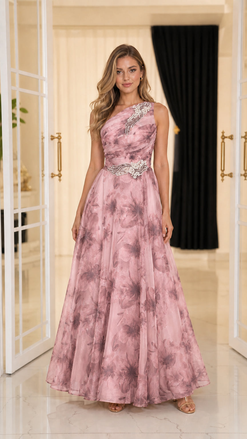 Front view of model in pink floral evening gown
