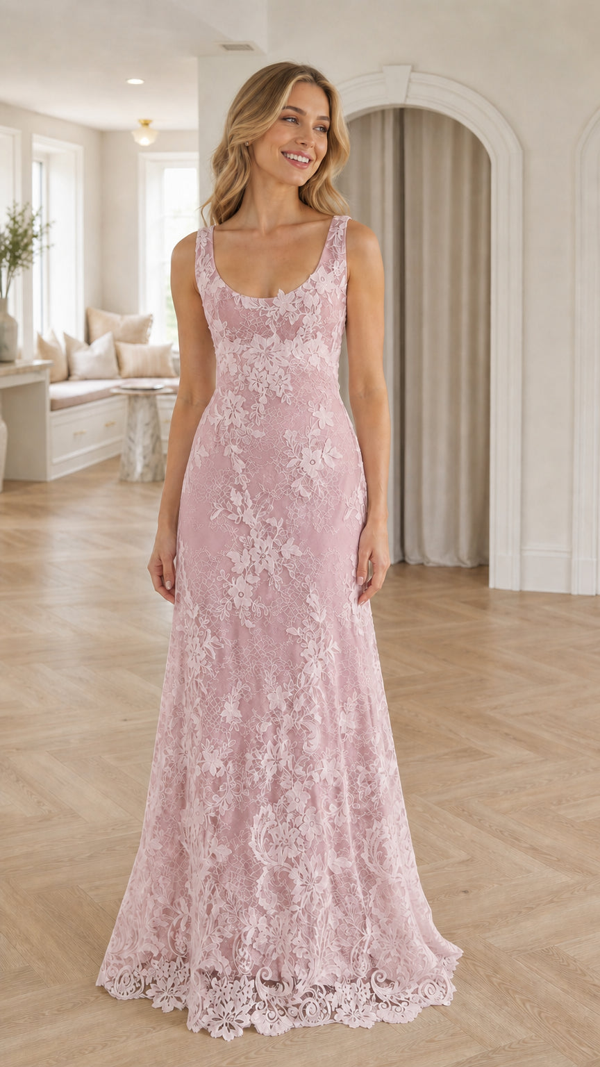 Front view of model wearing pink floral lace formal long dress