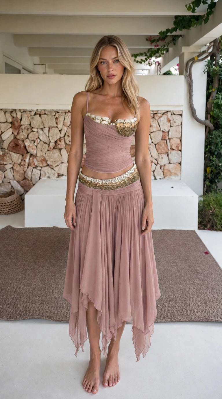 Model wearing dusty rose two-piece beaded crop top and skirt set