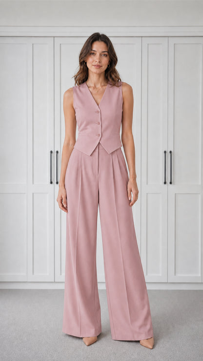 Woman wearing pink tailored vest and wide-leg pants set