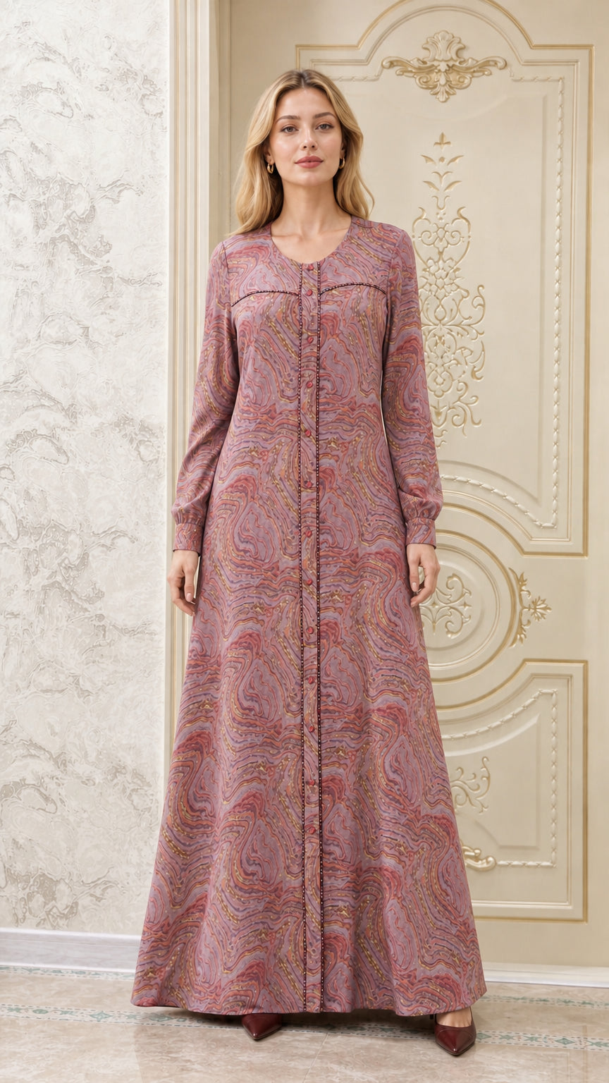 Front view of model wearing dusty rose pink swirl print long sleeve maxi dress