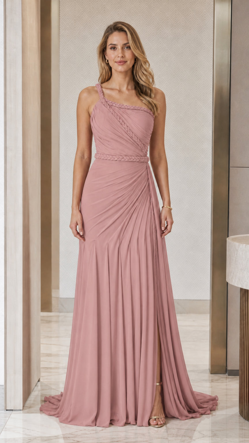Model wearing dusty rose one-shoulder evening gown