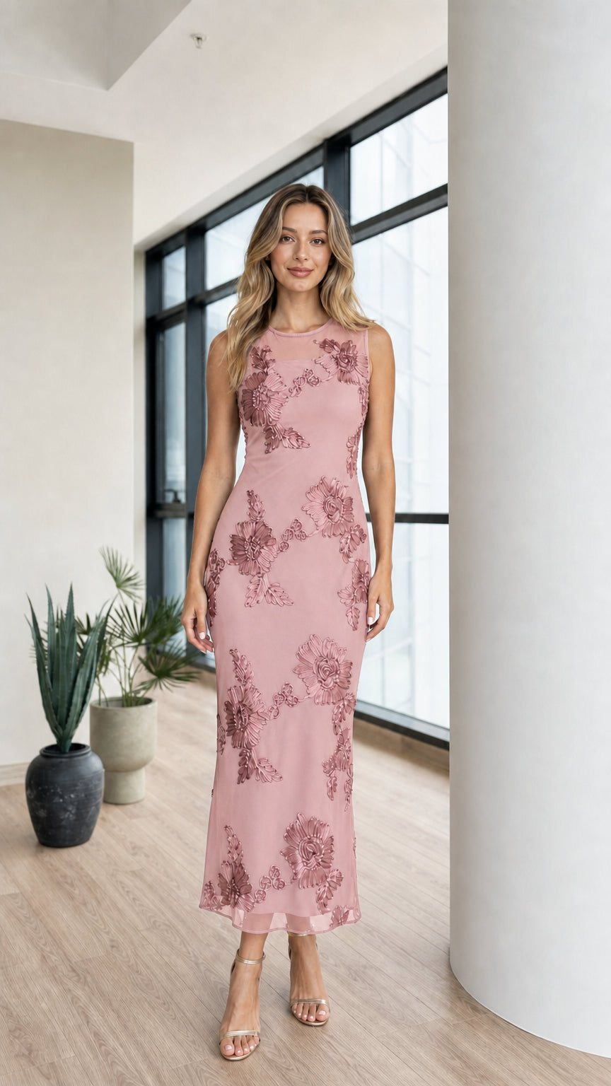 Model wearing dusty rose floral applique mesh midi dress