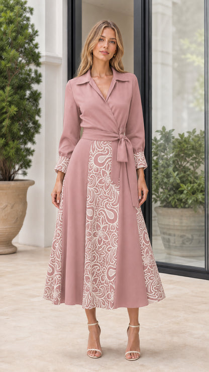 Front view of woman wearing Dusty Pink embroidered midi shirt dress