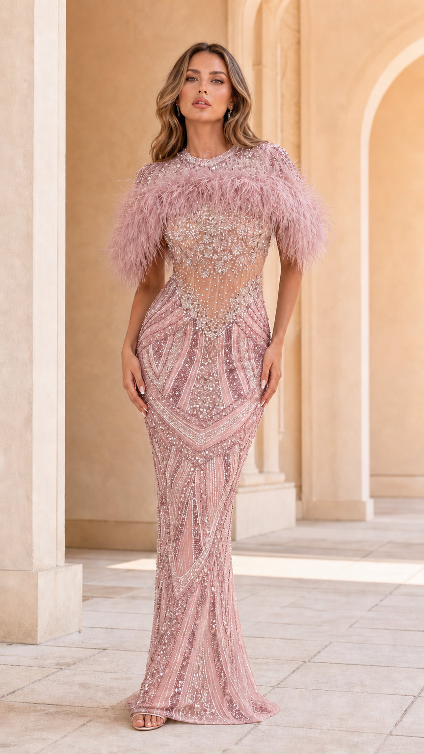 Model wearing Blush Pink sequin and feather embellished evening dress