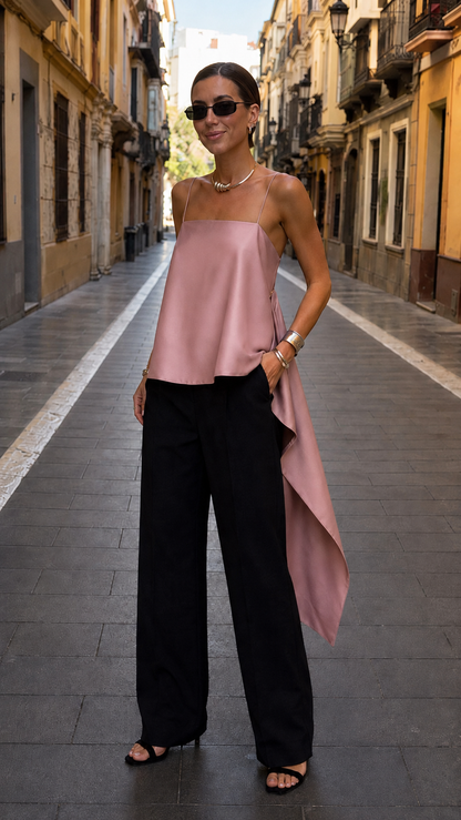 Front view of dusty rose asymmetric satin-look cami top with black trousers