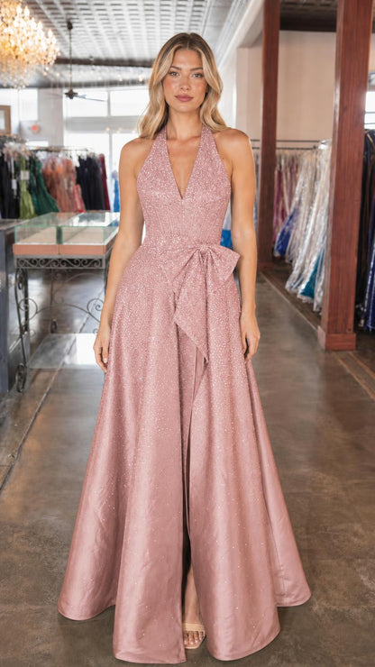 Front view of pink glitter halter evening dress