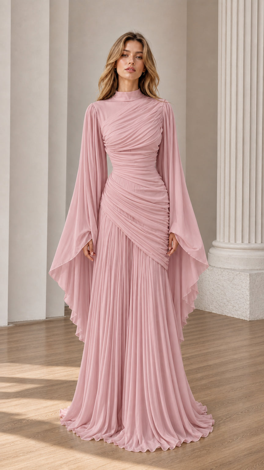 Front view of Blush Pink ruched high-neck maxi dress