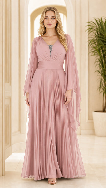 Full front view of dusty pink pleated cape sleeve evening maxi dress