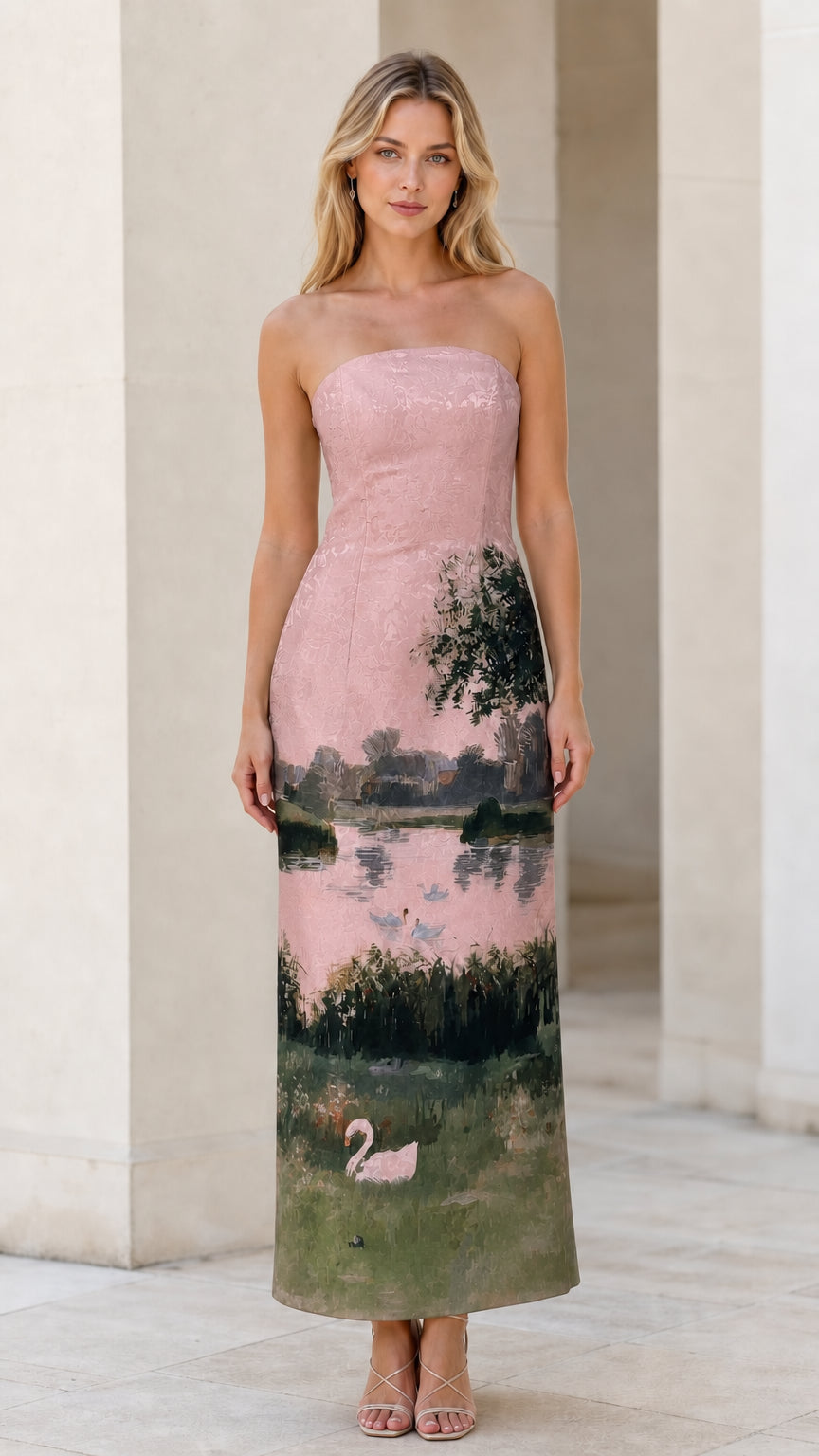Model wearing pink landscape strapless maxi dress