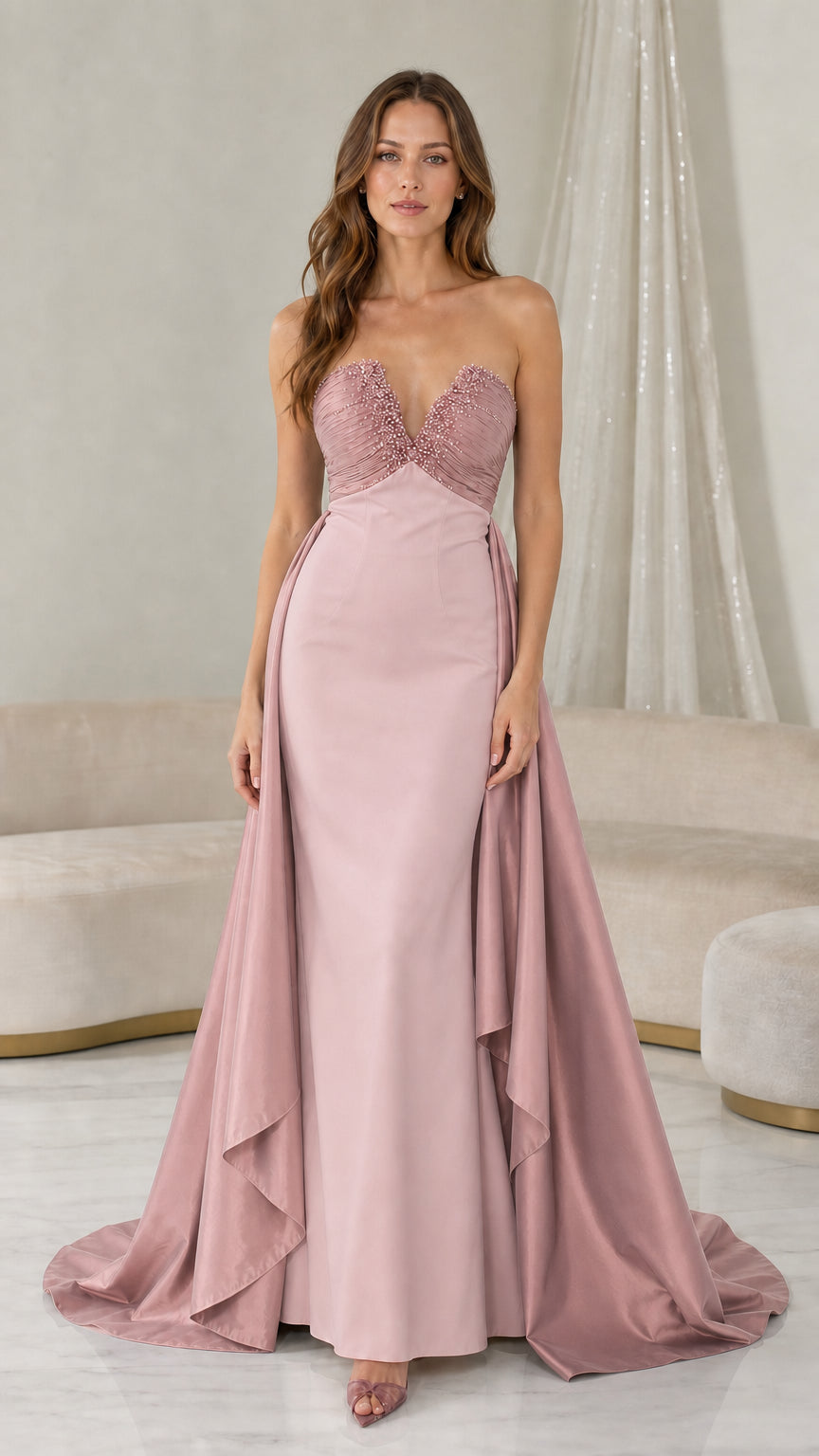 Full length view of dusty rose color variant evening dress