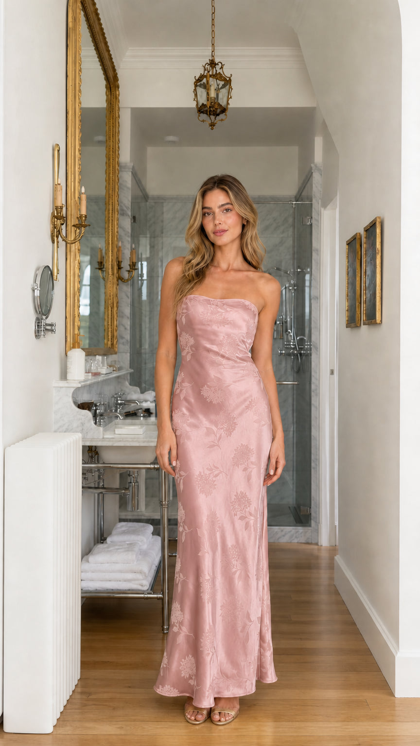 Front view of pink floral jacquard strapless maxi dress