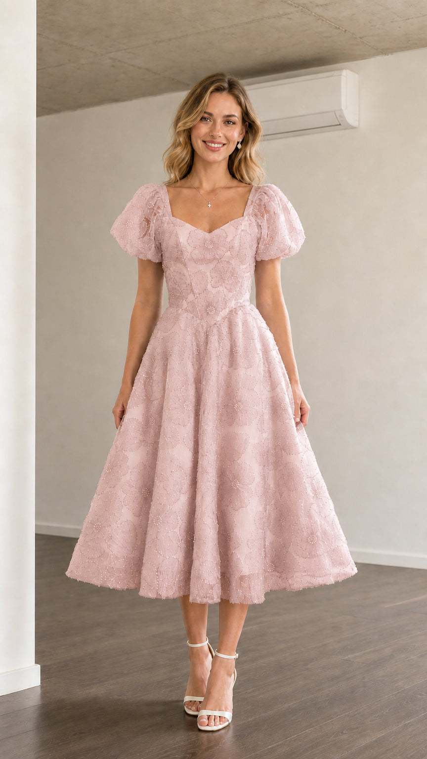 Front view of pink puff sleeve midi dress